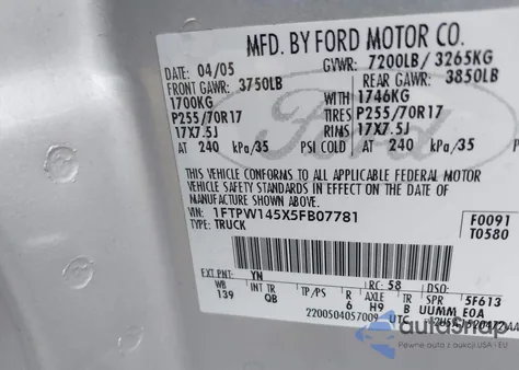 2005 Ford F-150 Fx4/Lariat/Xlt z USA, uszkodzony, nr VIN 1FTPW145X5FB07781